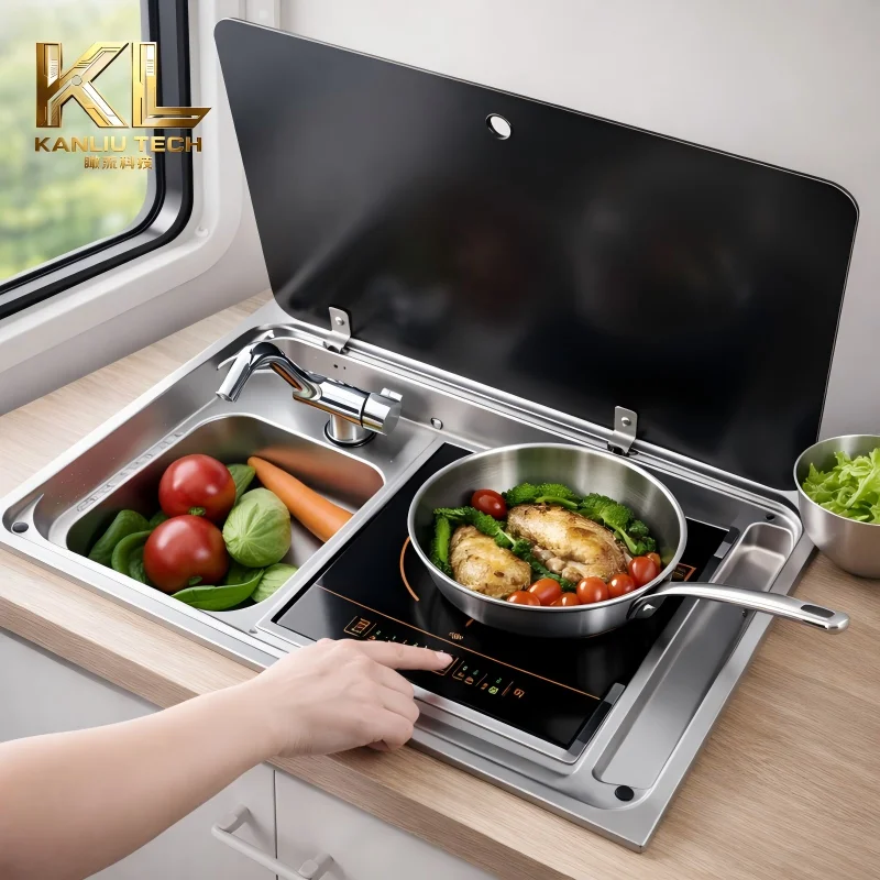 2 in 1 RV Sink with Induction Hob, Stainless Steel Integrated Kitchen Unit with Glass Lid for Camper Van, Caravan, Motorhome