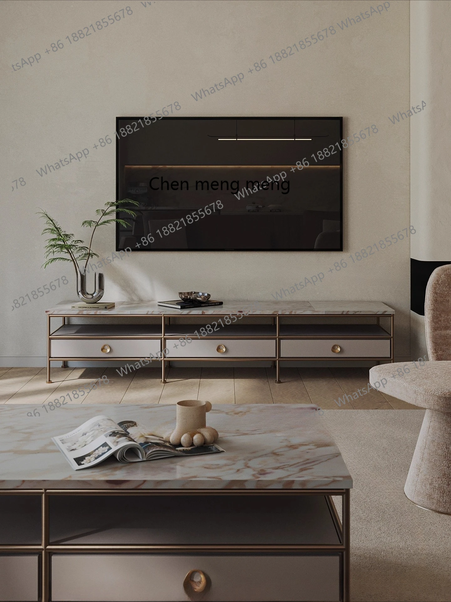 Villa large flat floor living room marble Italian light luxury simple hardware TV cabinet