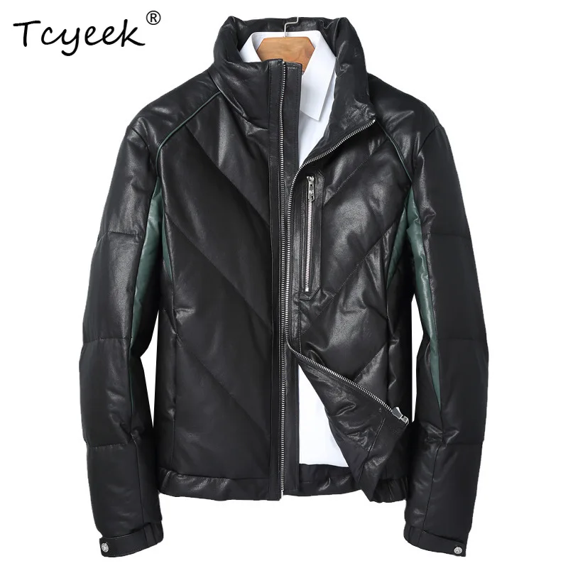 Tcyeek Top Layer Sheepskin Jackets Mens White Goose Down Jacket Short Thick Winter Coats Genuine Leather Jacket 2026 Ropa Hombre