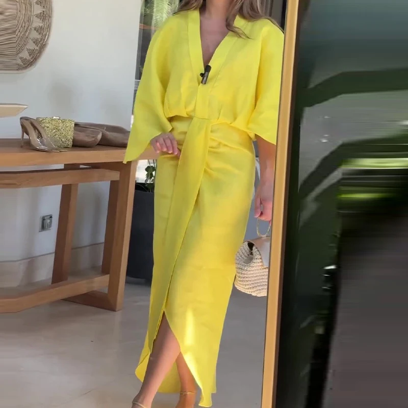 2025 Women Banquet V Neck Office Long Dress Summer Long Sleeve High Waist Party Dress Casual Solid Color Tie-up Female Dress