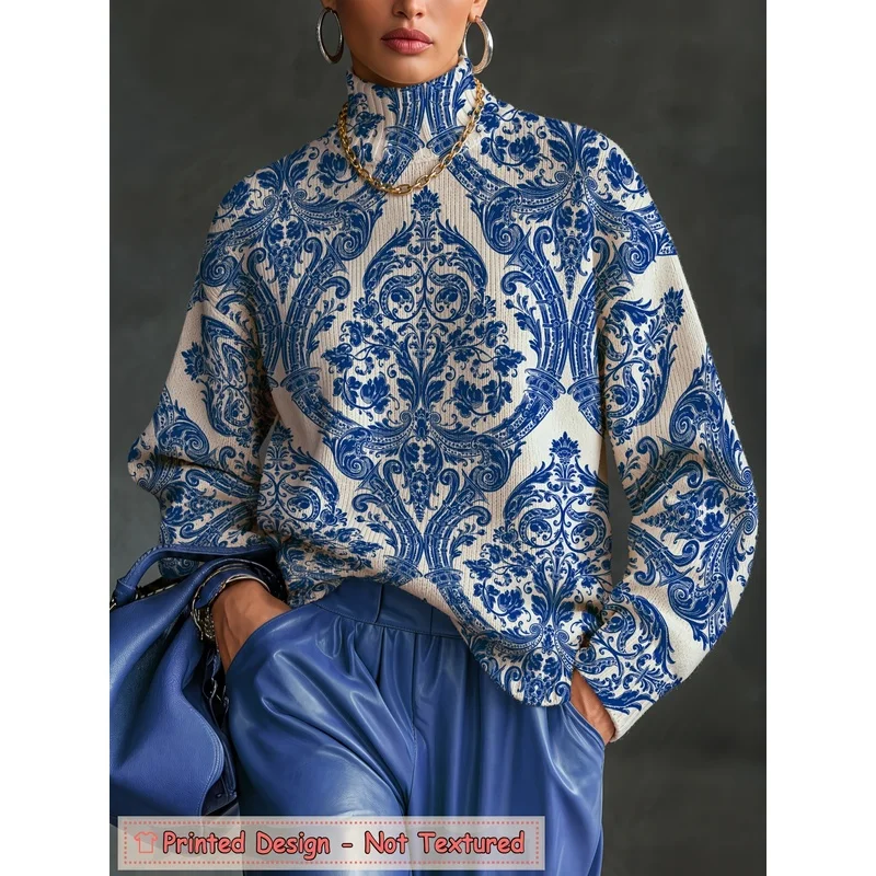 Women's Blue Porcelain Floral Turtleneck Sweater Long Sleeve Knit Pullover Loose Soft Warm Autumn Winter Casual Jumper Top