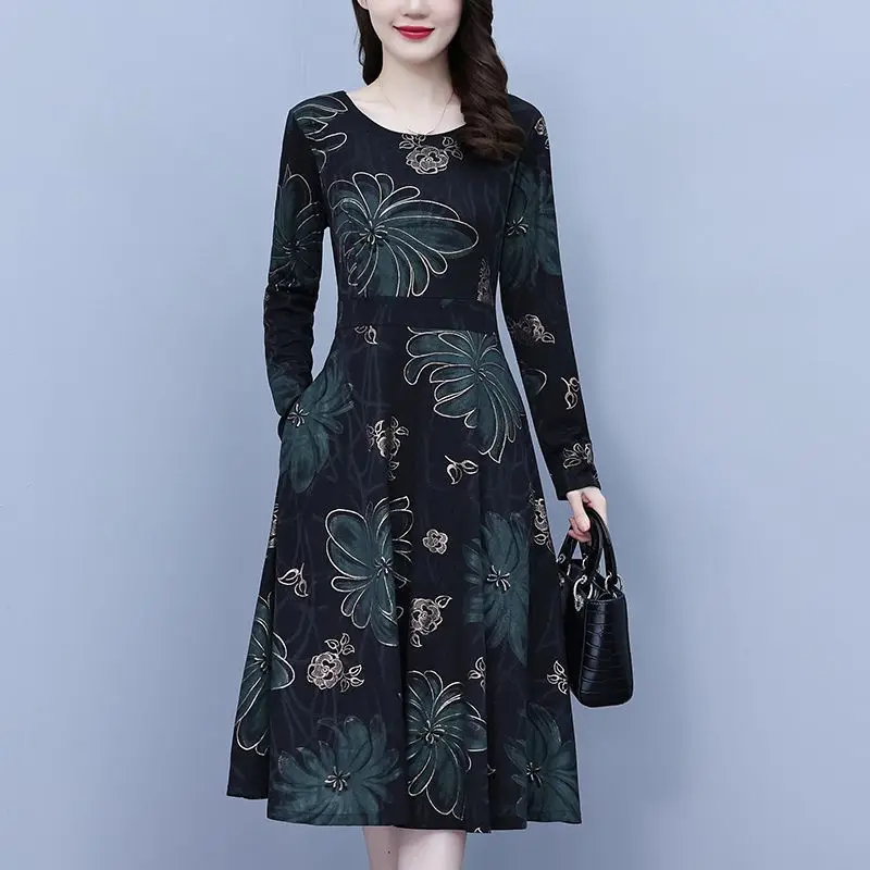 

Fashion O-Neck Pockets Spliced Printed Vintage Dress Women's Clothing 2024 Autumn New Loose Long Sleeve Office Lady Floral Dress