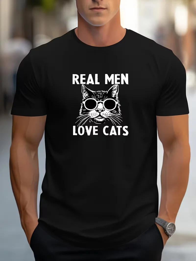 Men's Trendy T-Shirt Hand-Drawn Kitten Print Regular Shoulder T-Shirt