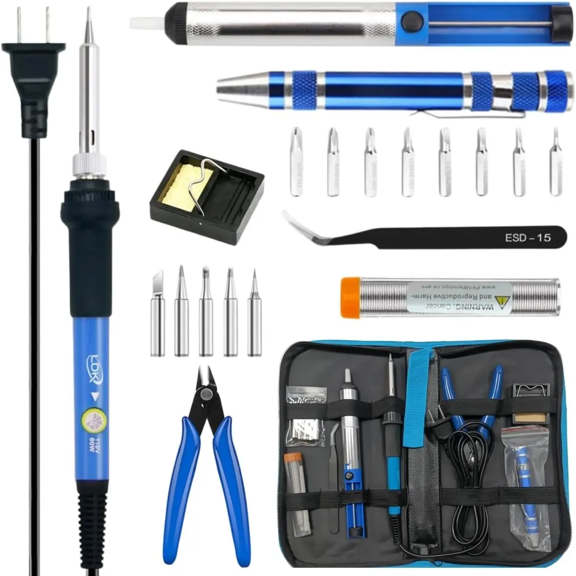 

Soldering Iron Kit 60W with Adjustable Temperature 200-450°C, 5 Tips, Desoldering Pump, Stand, Tweezers, Wire Cutter