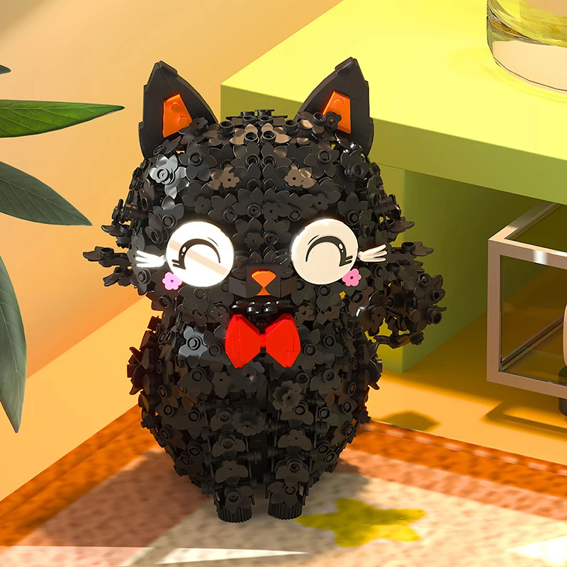 1651PCS Creative Blossom Puss Pet Black Car Model Building Blocks Lovely Animal Assemble Bricks Toy Gift For Children Girl