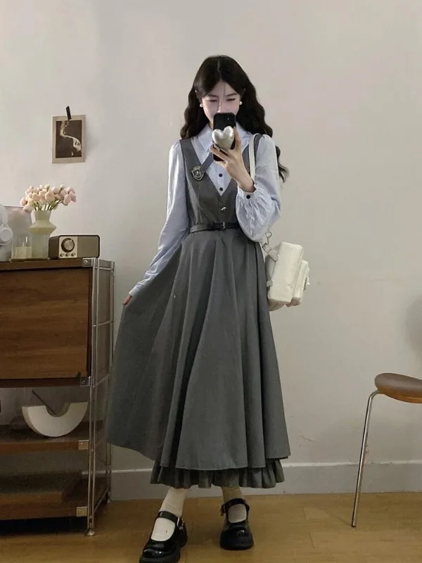 

plus Size Women's College Sle irt Dr Slim Fit Long Sve Button up High Waist A-Line Skirt Autumn New Faion Belly C...