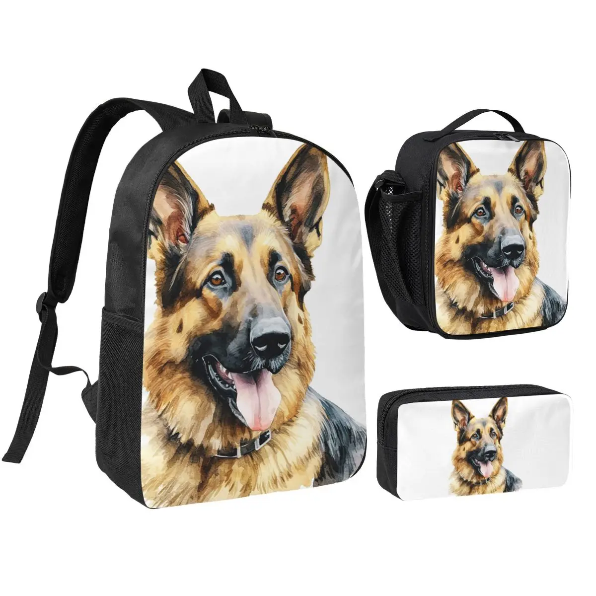 

Watercolor German Shepherd Backpack Boys Girls BookBag School Bag Computer Shoulder Bags 3ps Insulated Lunch Bag Pencil Case