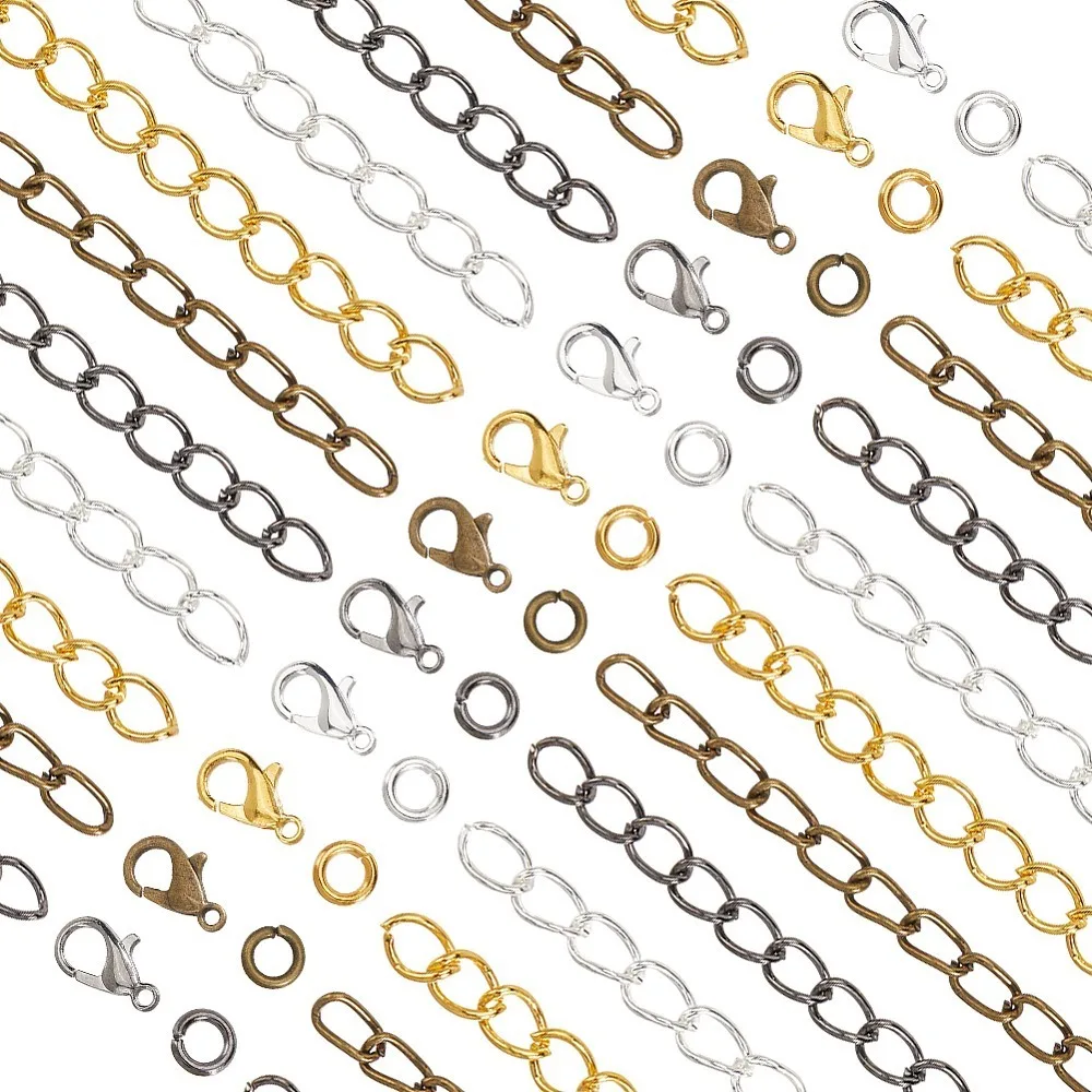 

DIY Jewelry Making Findings Kits including Iron Ends with Twist Chain Extension Alloy Lobster Claw Clasps Brass Jump Rings
