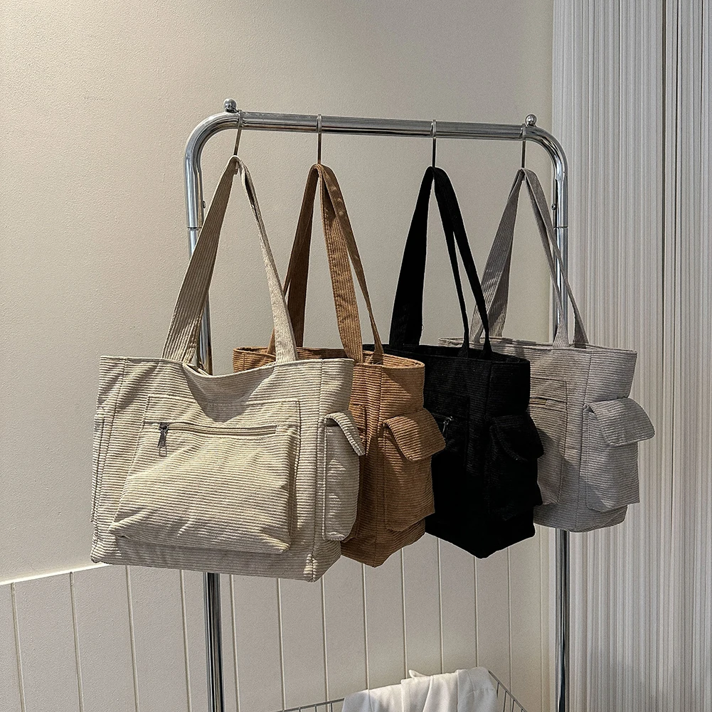

Women Corduroy Tote Bag Large Capacity Corduroy Hobo Bag Outer Pocket Casual Shoulder Handbag Lightweight Versatile Shopping Bag
