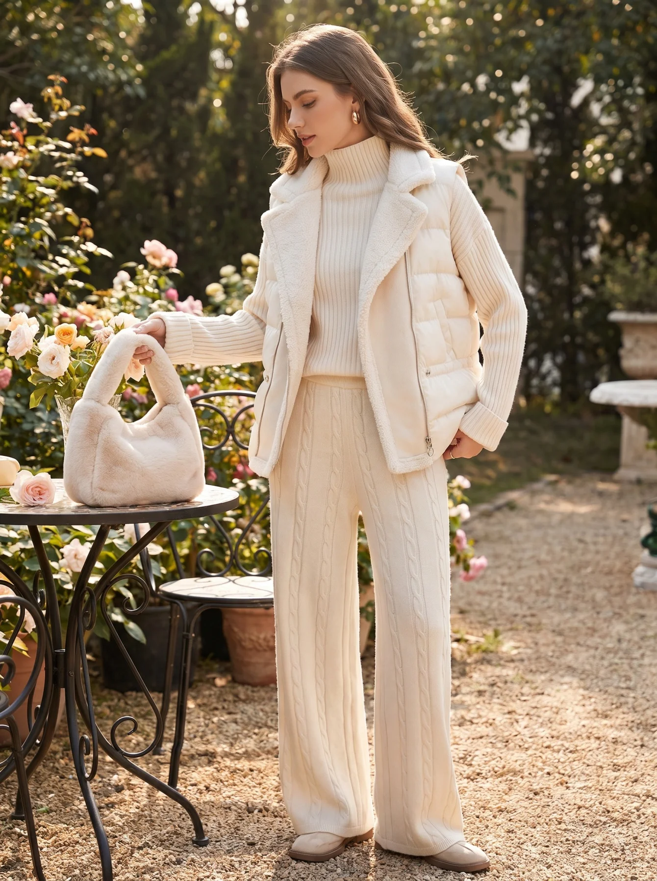 Women Sweater Suit Knitting 3 Piece Sets Cotton Vest Top Pullover Turtleneck Wide Leg Pants Tracksuit Winter Thick Outfits
