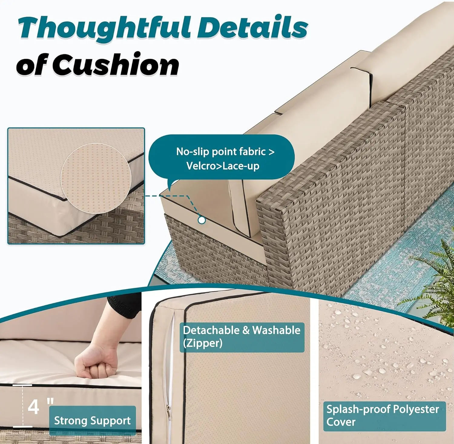 Patio Conversation Sets High Back All-Weather Rattan Sectional Sofa with Tea Table&Washable Couch Cushions