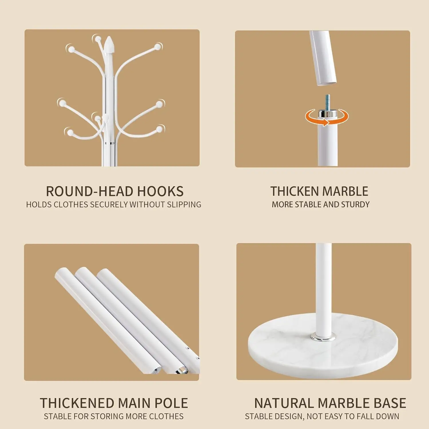 Metal Coat Rack Stand com Base de Mármore Natural, Casaco Branco Racks, Salão Cabide de árvore Stand, Moderno Independente