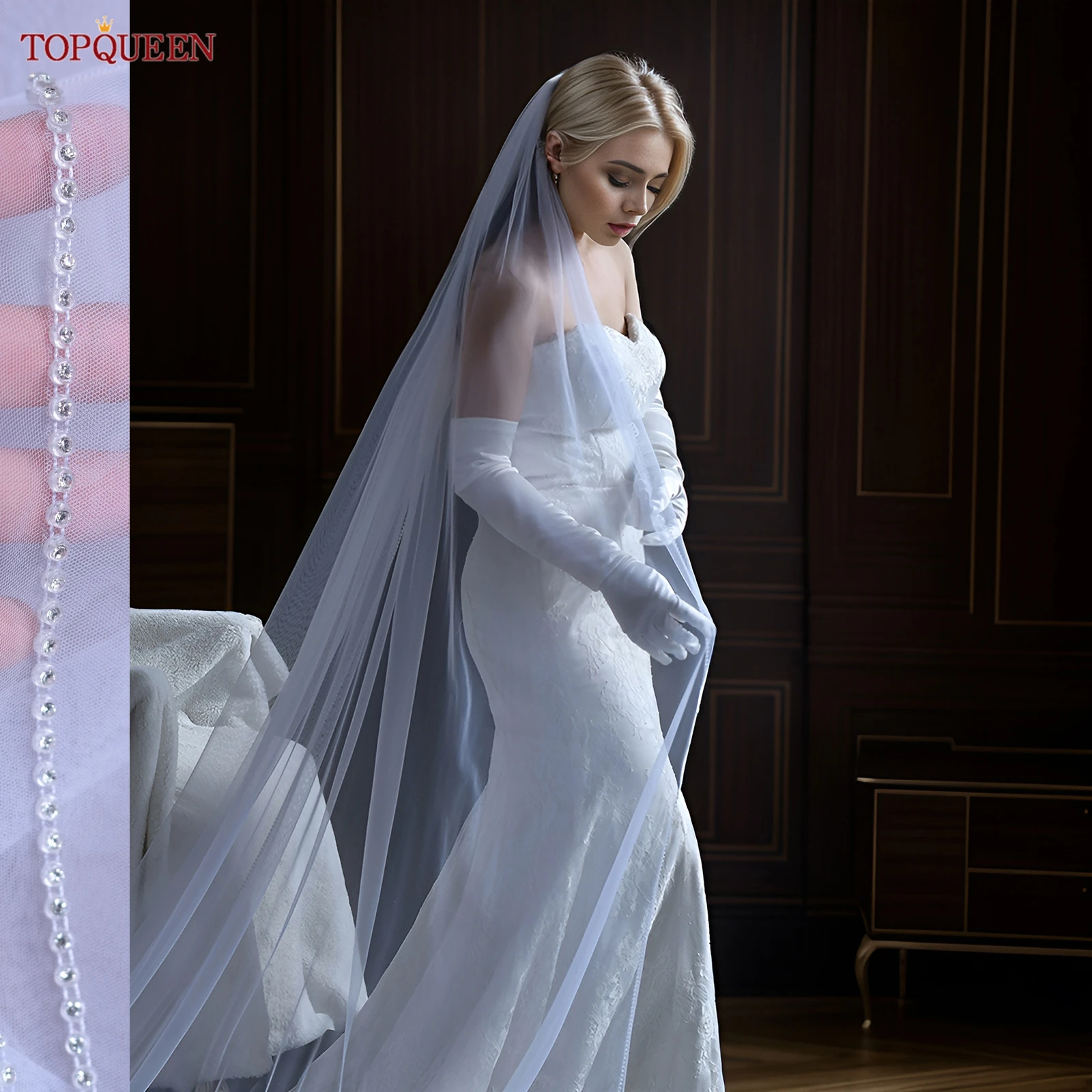 

TOPQUEEN V138 Прямые поставки с завода: Свадебная фата с хрустальной цепочкой, однослойная, короткая, до кончиков пальцев, мягкие свадебные аксессуары