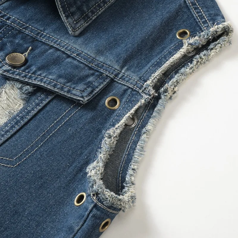 2025 New Men's Denim Vest Y2K Retro Fashion Trend Ripped Motorcycle Jacket Casual All-match Hip-hop Streetwear Men's Clothing