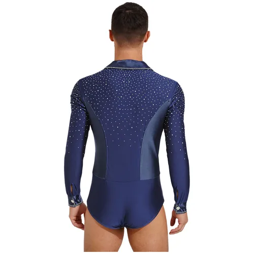 Imagen 2 del producto Jersey de baile de Jazz latino para hombre, mono de leotardo, camisa, Top con diamantes de imitación brillantes, gimnasia, patinaje artístico, traje de salón Chacha