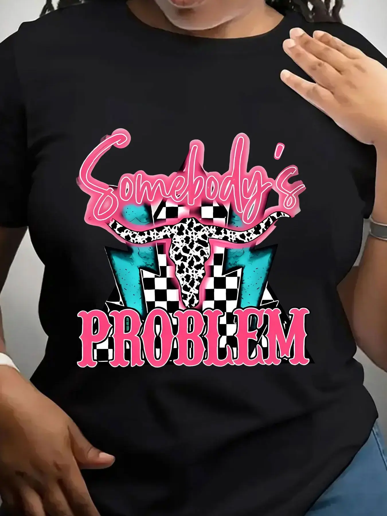 Women's Trendy Crew Neck T-Shirt Somebody S Problem Graphic Print Suitable for Casual Sportswear