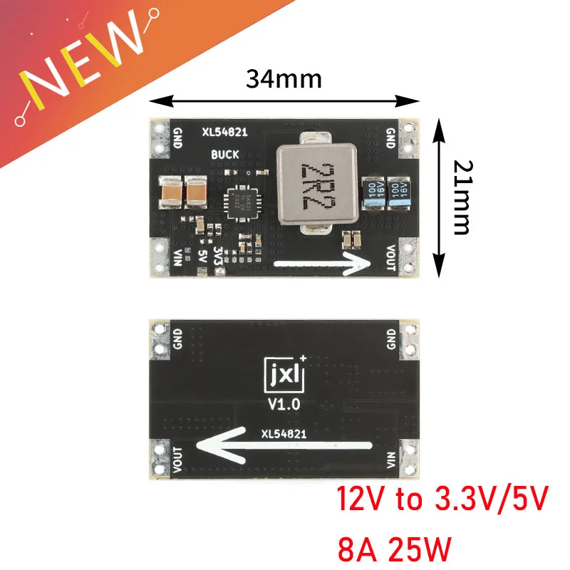 XL54821 Step Down Buck Power Supply Module DC12V to 3.3V/5V Output 8A/25W PWM High Power Buck Board