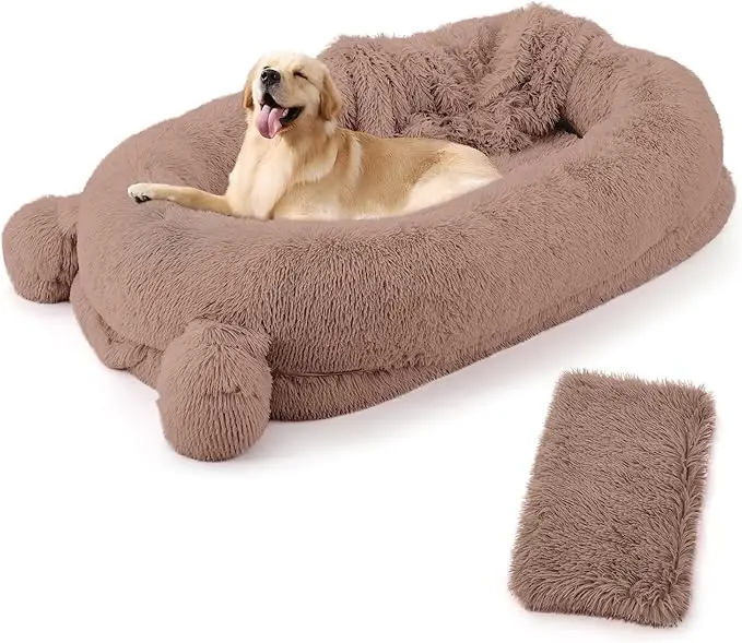 

Портативная лежанка для собак со съемным чехлом из искусственного флиса/соответствующим пледом, большой моющийся матрас для собак с 2 карманами для хранения