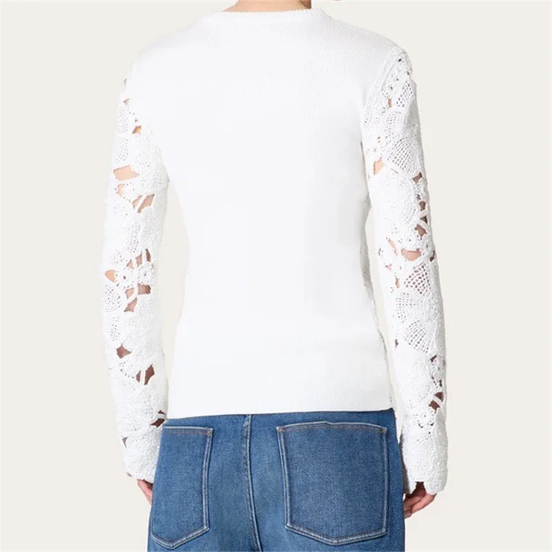 Women\'s sweater 2024 autumn Flower embroidery round neck pullover Elastic knitted hollow out Long sleeved Top 100% wool knitwear