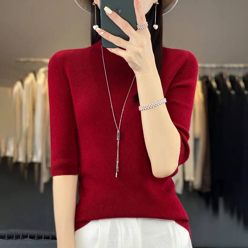 

Autumn Women knitting Seamless Vertical Slimming style Pullover Silk Wool Blend Sweater Half Height Half Sleeve High quality Top