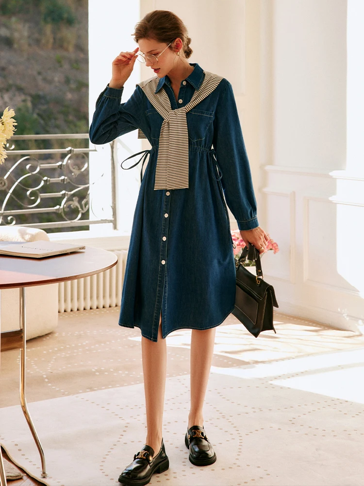 

OLrain Women's Long Sleeve Denim Dresses 2025 Autumn Fall Draw String High Waist Casual Down Dresses Jeans Midi Dress O22CL00825