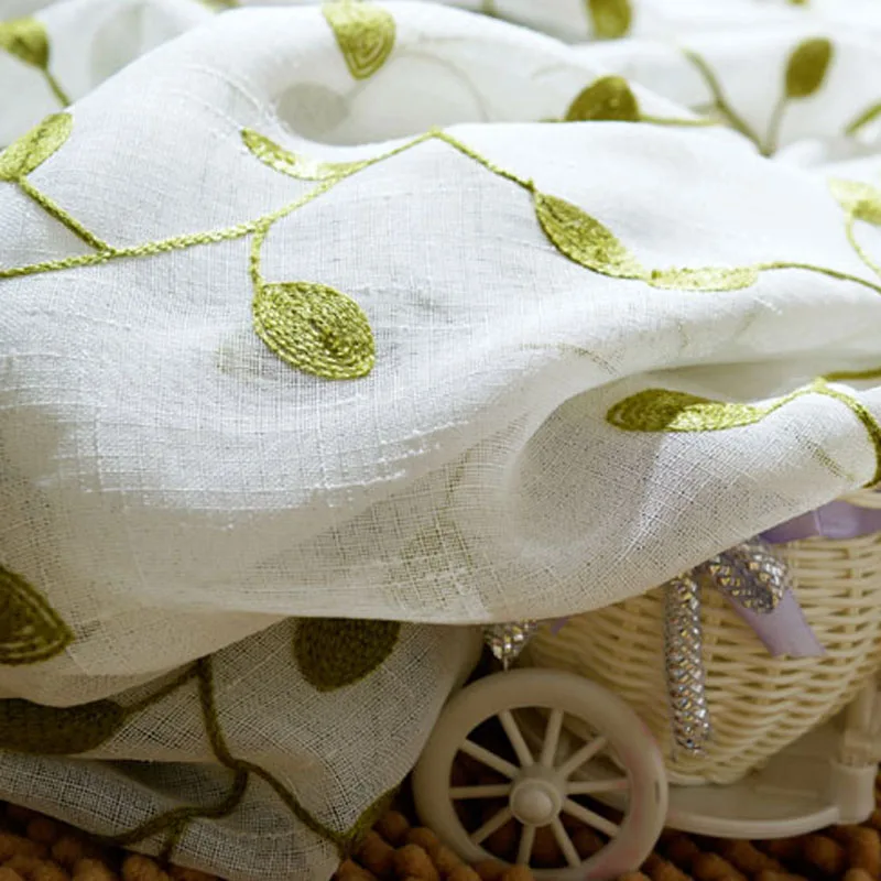 1PC Green Leaf Embroidery Sheer Curtain for Kitchen Balcony Linen Voile Window Rustic Partition Door Drape Custom #E
