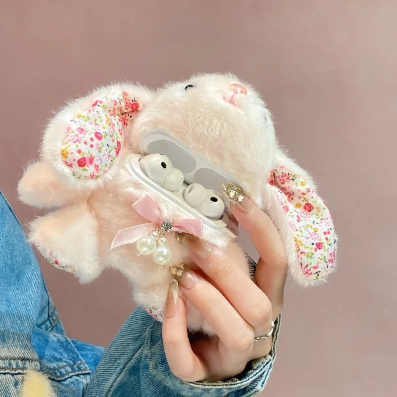 Cute 3D Fluffy Bunny Case for Airpods 4 3 2 1 Pro 2 Pro 3 Soft Plush Cover with Floral Ears & Pearl Bow Shockproof Kawaii Gift view 2