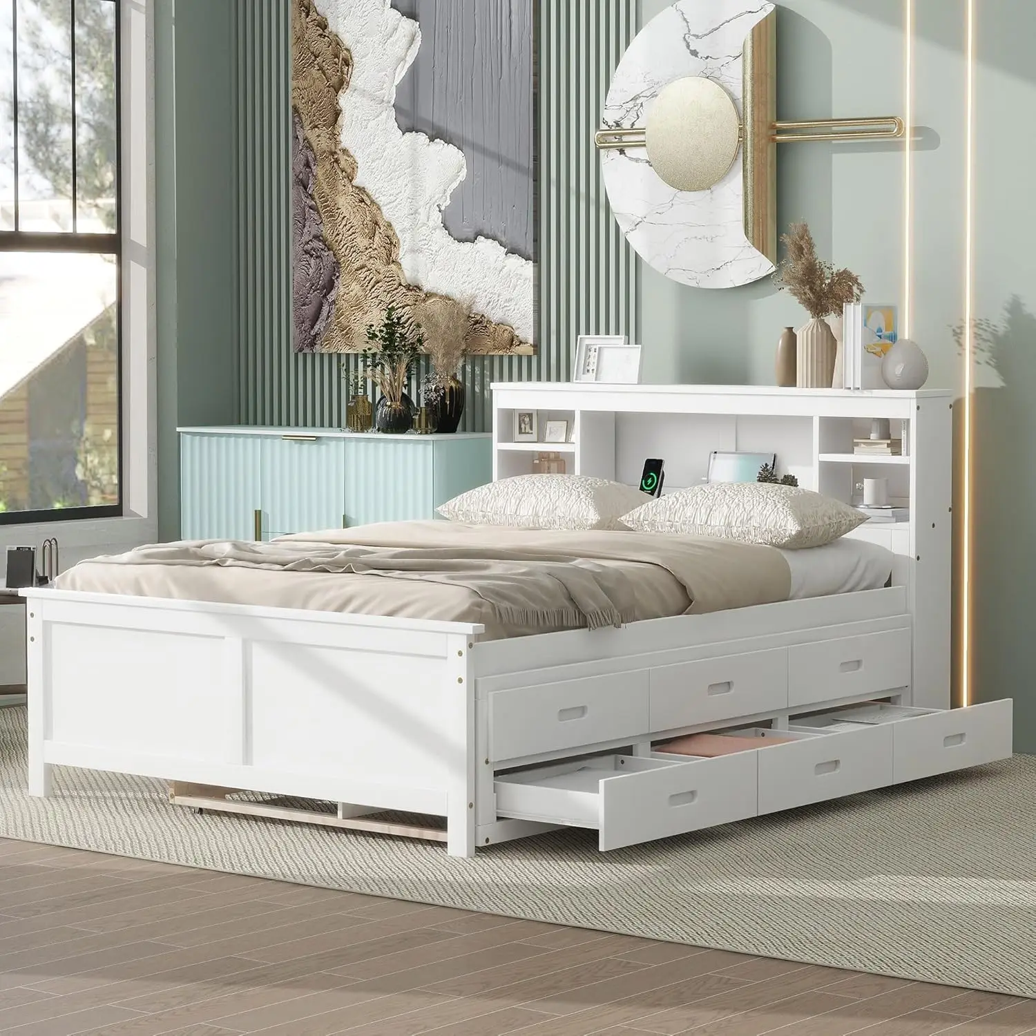 

Harper & Bright Designs Full Size Bed With Bookcase Headboard, Wooden Full Platform Bed With Trundle And Drawers,Full Storage