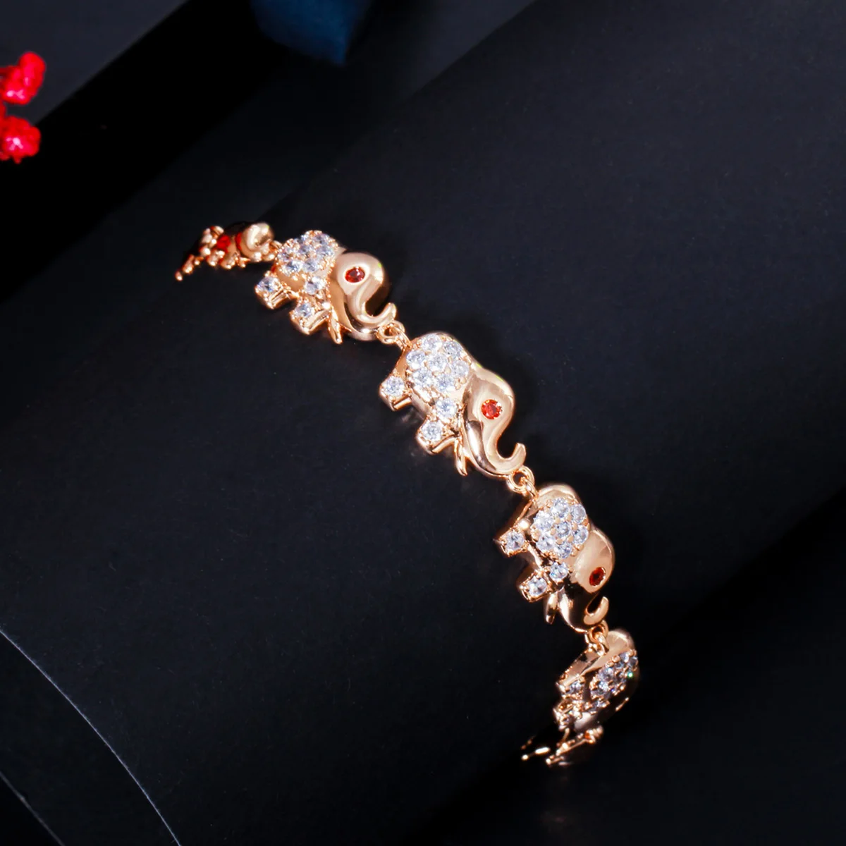 Pera Cute Elephant Shape Animal Charm Bracelets Bangles for Women 585 Light Gold Color Red White CZ Wedding Party Jewelry B186