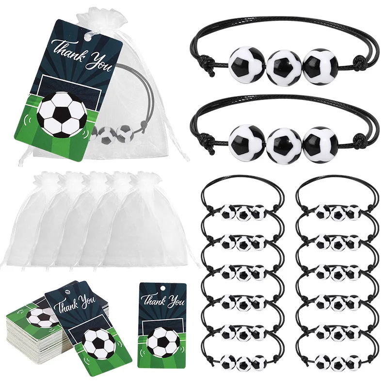 

12 Sets Soccer Bracelet Football Wristband With Thank You Card Organza Bag for Kids Sports Birthday Party Favors Gifts For Guest