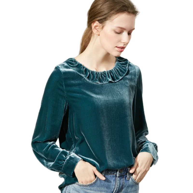 

korean streetwear lotus leaf collar long-sleeved velvet tops,Spring Autumn elegant velour blouse Vintage shirts plus size shirts