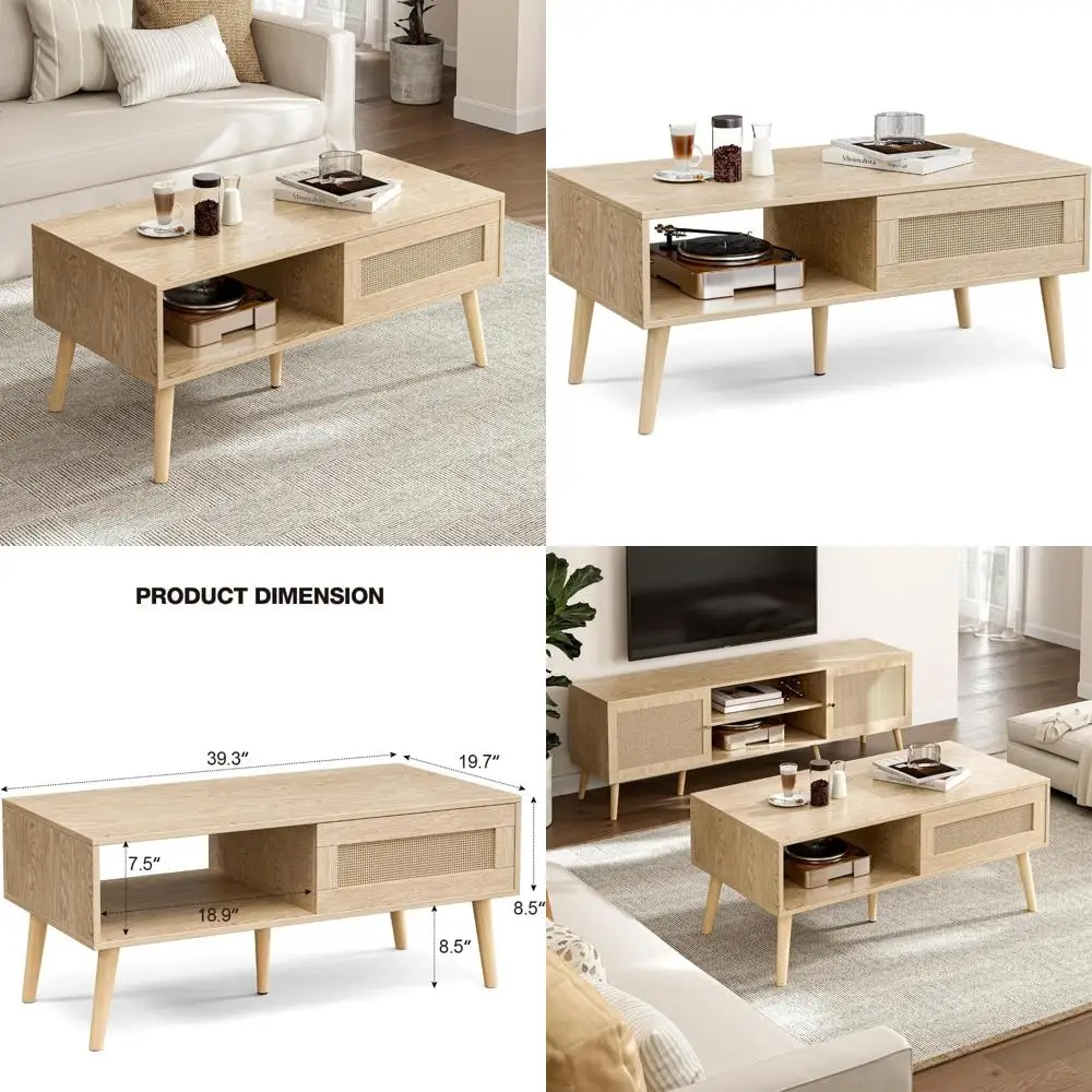 

Storage Coffee Table Wood, Bohemian Sliding Door Dining Table Rattan Panel Solid Wood Legs, Compact Coffee Tables for Living Roo