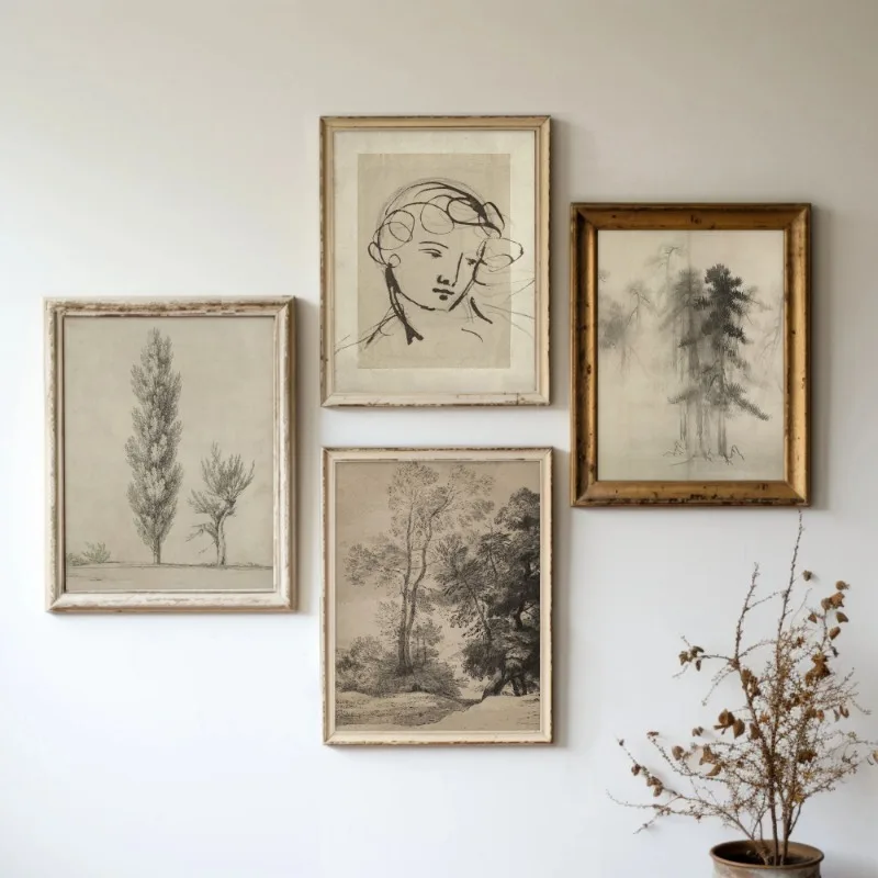 Vintage Tree Sketch Forest Poster Print Antique Landscape Canvas Painting Wall Art Picture for Living Room Home Decoration