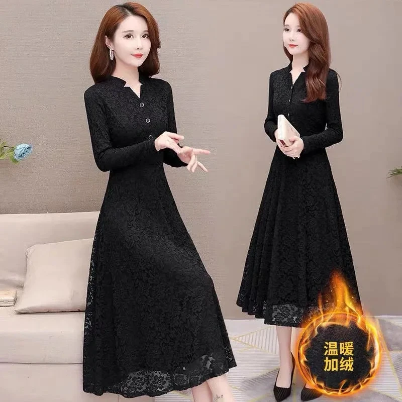 5XL Women\'s Lace Dress Autumn Winter New Long Sleeve Add Velvet Dress Female Elegant Knitted A-line Long Veatidos