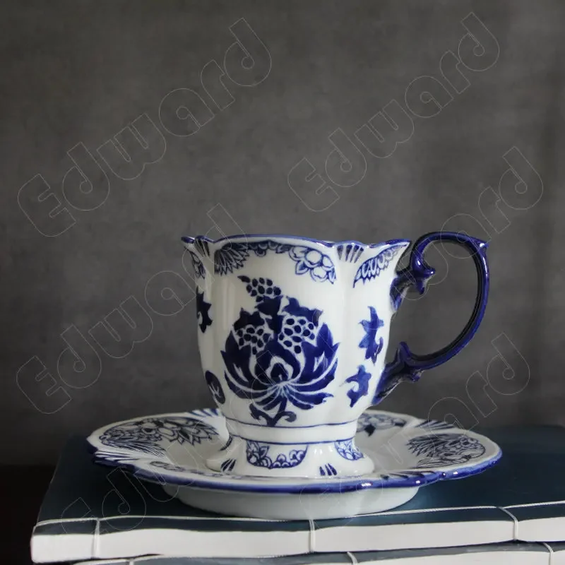 

Household Large Teapot Blue and White Pottery Mug Retro Ceramic Coffee Mugs Afternoon Tea Cup Water Tea Set Teahouse Furnishings