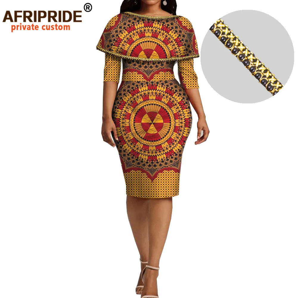 2024Spring Ankara Print Dashiki Dress for Women AFRIPRIDE Bazin Richi Half Sleeve Knee Length Women Pencil Wax Dress A1825104