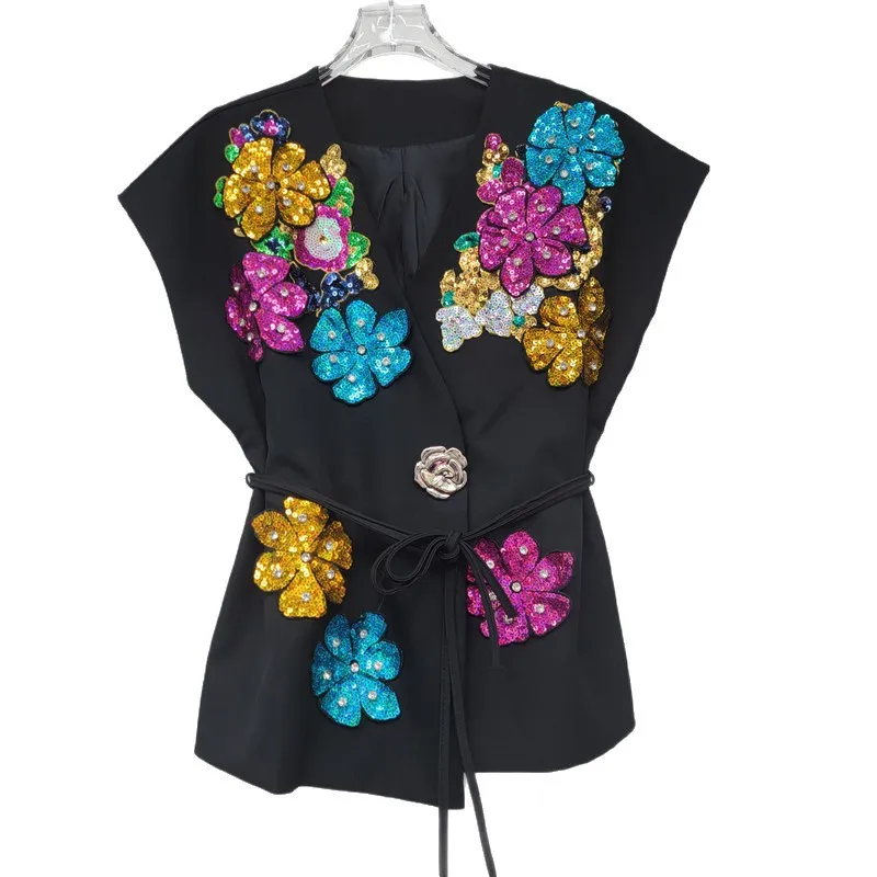 SuperAen 2025 primavera nuevo bordado lentejuelas Floral Patchwork chaleco para mujeres sueltas sin mangas abrigos casuales