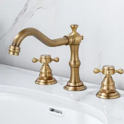 Tuqiu Antique Basin Faucet Brass Gold Bathroom Faucet Chrome Sink Faucet 3 Hole Double Handle Hot & Cold Wash Faucet Water Tap