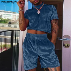 INCERUN Men Sets Solid Color Velour O-neck Short Sleeve Crop Tops & Shorts Two Pieces Sets Streetwear 2024 Fashion Men's Suits