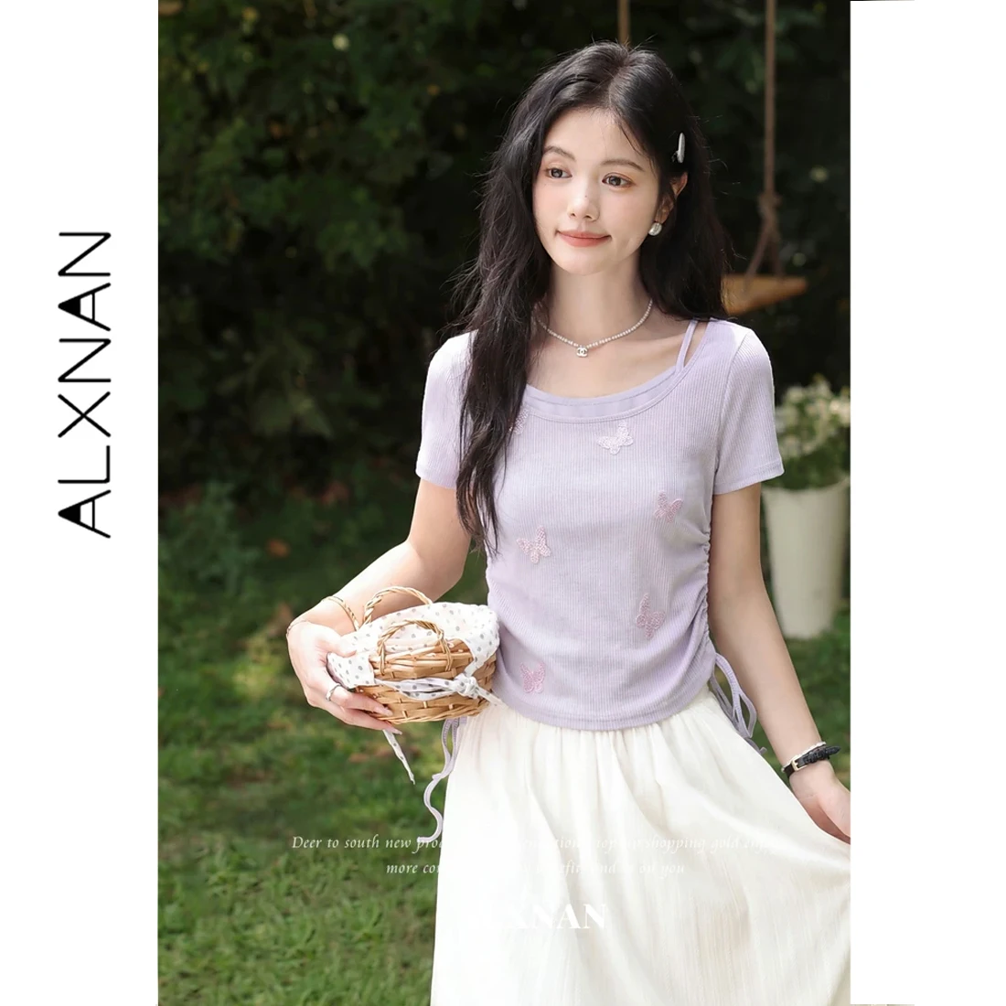 

ALXNAN 2026 Purple T-shirt Butterfly Embroidery Waist Drawstring Pleated Short Sleeve T-shirt Summer Elegant Female Tops L63617A