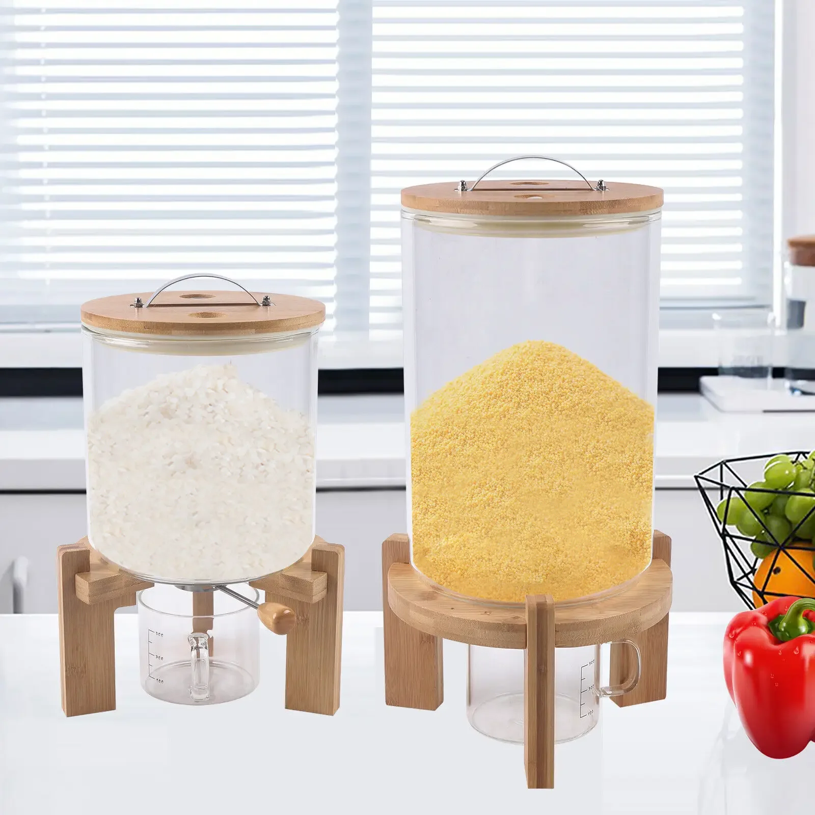 

5L Glass Rice Dispenser Grain Container for Home Kitchen, Cereal Storage, Dry Food, Space-saving Design with Valve