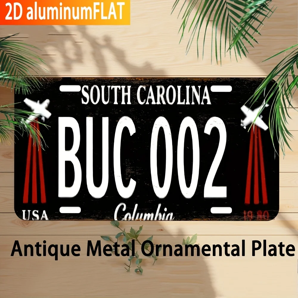 2D Flat-Vintage Aluminum License Plate in Design,South Carolina BUC 002,Columbia,USA,1980 Decorative Plate Featuring Palm Trees