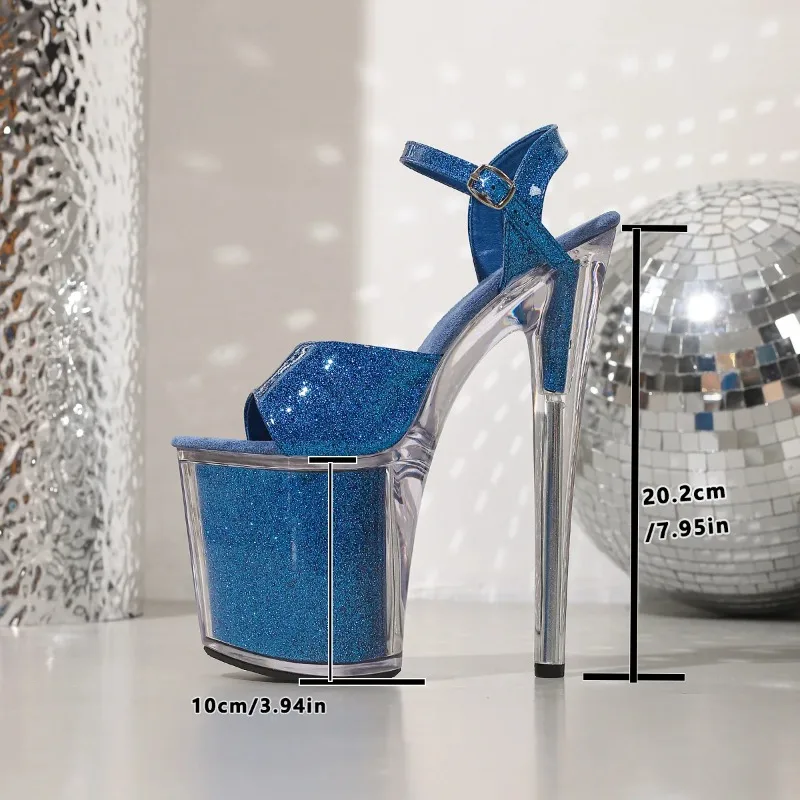 Women's High Heel Sandals Designer Sexy Blue Clear Crystal Stiletto Women's Sandals 20CM Super High Heels New Pole Dance Sandals