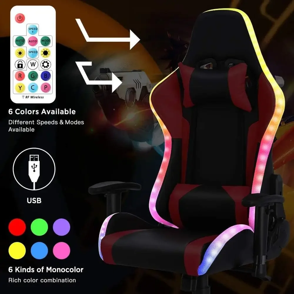 Ergonomic High-Back Gaming Chair with LED RGB Lights, Speakers, and Massage for Adults in Red view 4
