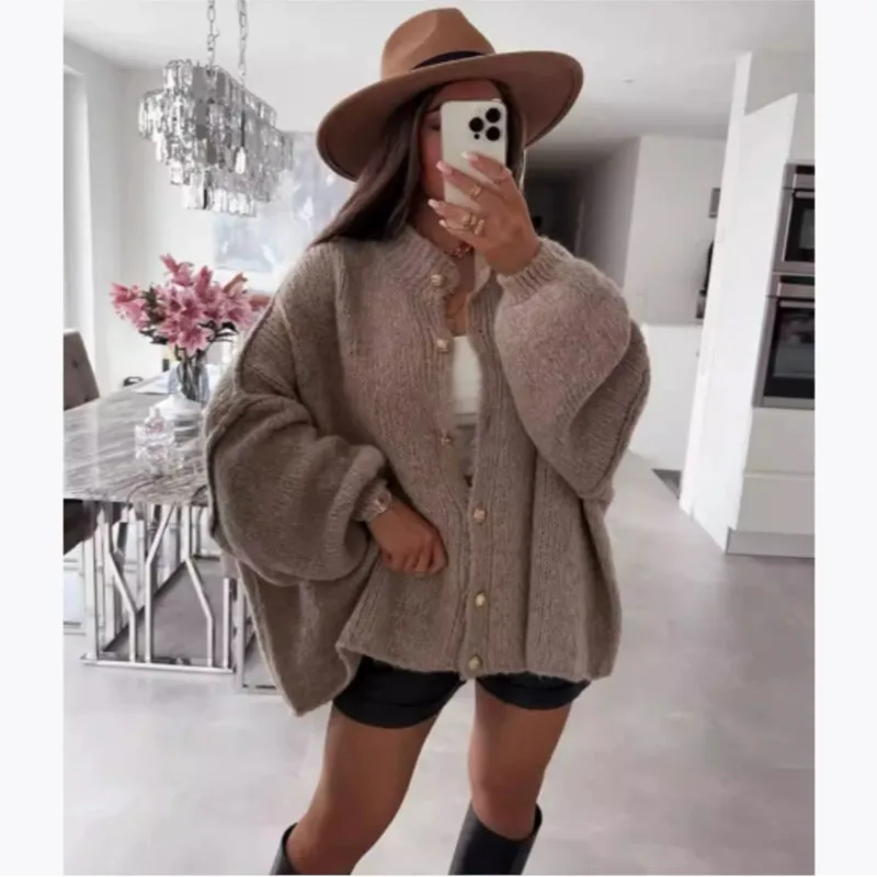 

Fashion Street Women's Autumn Winter Sweaters Cardigans Solid-color High-neck Thickened Knitted Sweater with Button Oversize Top