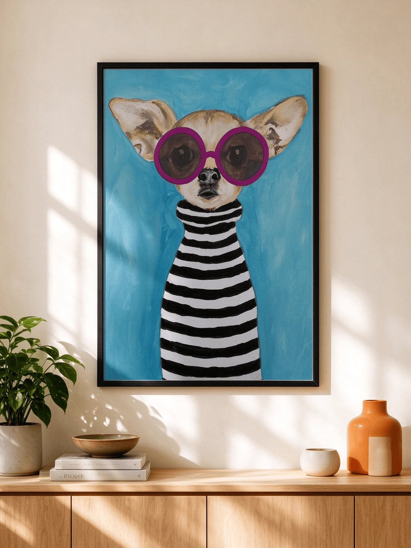 Cute Chihuahua Dog Wall Art, Puppy with Pink Sunglasses & Striped Shirt, Fun Pet Portrait Home Decor Poster