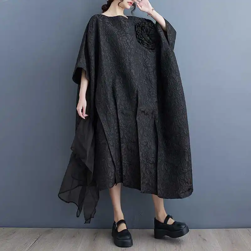 

Female new spring Korean style plus size fashion heavy industry splicing flowers irregular personality loose robe dress