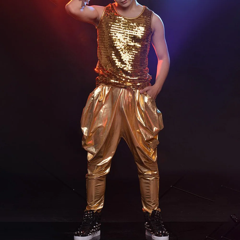 Mens Y2k Gold Sequin Vest Nightclub Personality Temperament Fashion Trend Stage Performance Clothing Tank Top Men 2024 Summer