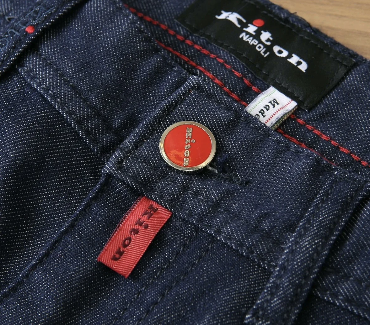 KITON Summer Letter Embroidery Red Button Straight Casual Jeans