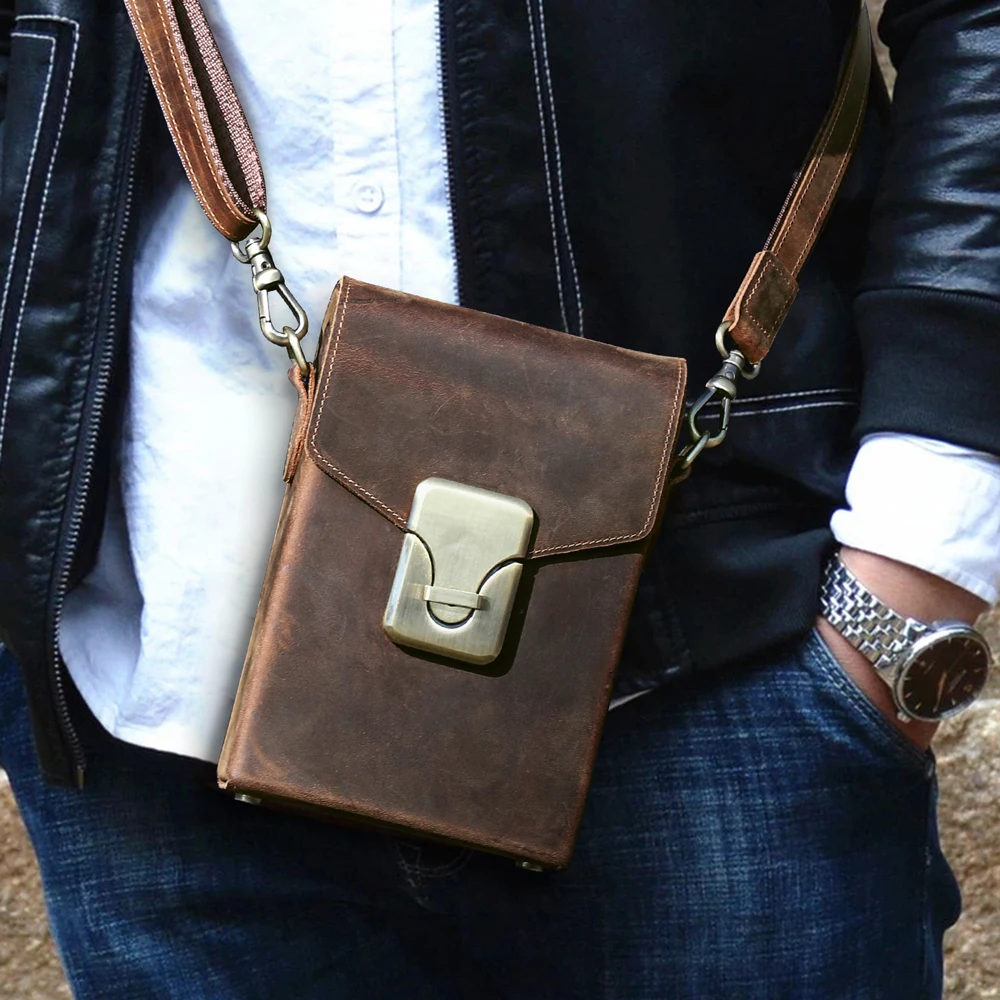 CONTACTS FAMILY Vintage Men's Crossbody Shoulder Bag for iPhone 16 15 14 pro Max Purse Hasp Handbags 5.4/6.1/6.9 inch Cellphone